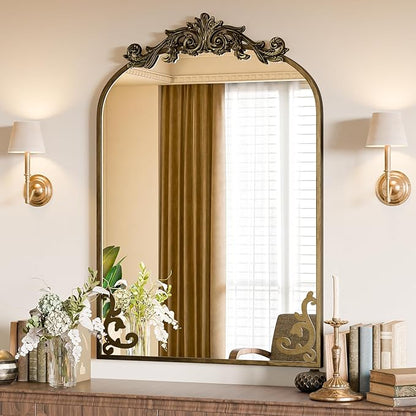 Koonmi Vintage Mirror, 26x38 Wall Mounted Vanity Mirror, Tempered Glass, Detachable Flower Head, Bronze Antique Decorative Mirror for Bathroom Entryway Fireplace Living Room Hallway