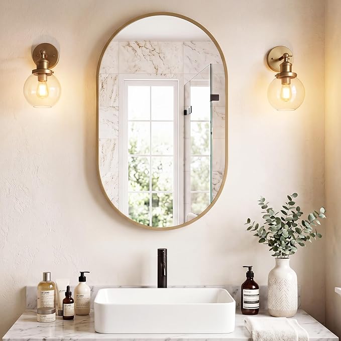 Sweetcrispy 20" x 30" Gold Bathroom Mirror for Wall, Oval Wall Mirror with Metal Frame, Tempered Glass, Modern Vanity Mirror for Over Sink, Living Room, Bedroom, Entryway, Horizontal or Vertical