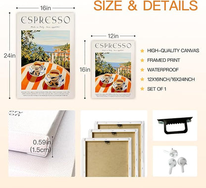 GELDSTEI Coffee Wall Art, Vintage Espresso Wrapped Canvas Print, Italian Coffee Poster Print, Cafe Bar Decoration, Retro Italian Cafe Wall Decor for Kitchen Dining Room Framed Ready to Hang 12x16 Inch