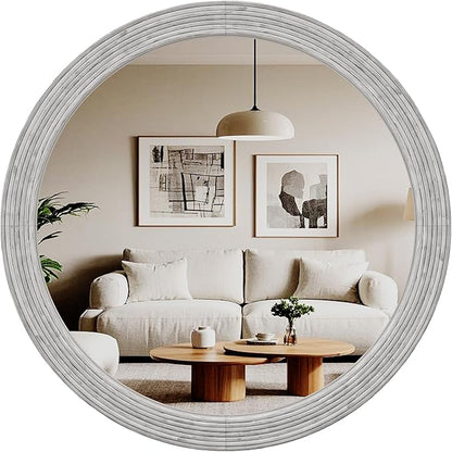 ULIKE Round Mirror for Bathroom 30x 30 Inch, Farmhouse Rustic Wood Frame Wall Mirror, White Vanity Circle Mirror for Bedroom Living Room Entryway Decor