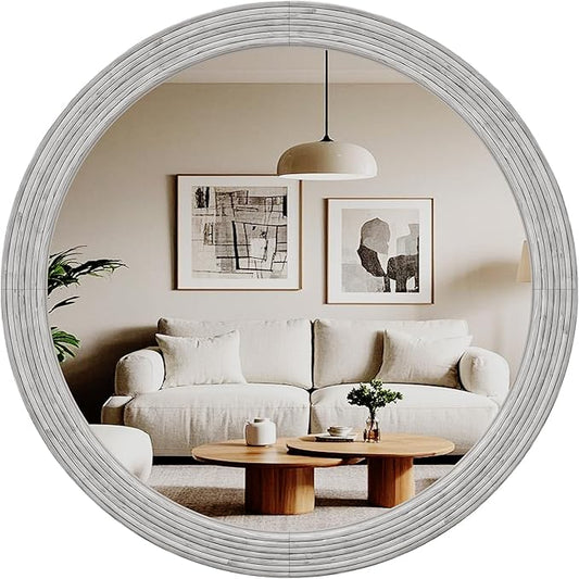 ULIKE Round Mirror for Bathroom 30x 30 Inch, Farmhouse Rustic Wood Frame Wall Mirror, White Vanity Circle Mirror for Bedroom Living Room Entryway Decor