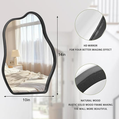 Asymmetrical Wall Mirror with Wood Frame Irregular Modern Hanging Mirror for Wall for Vanity Living Room Bedroom Bathroom Entryway Hallway Modern Unique Decorative Artistic Mirror
