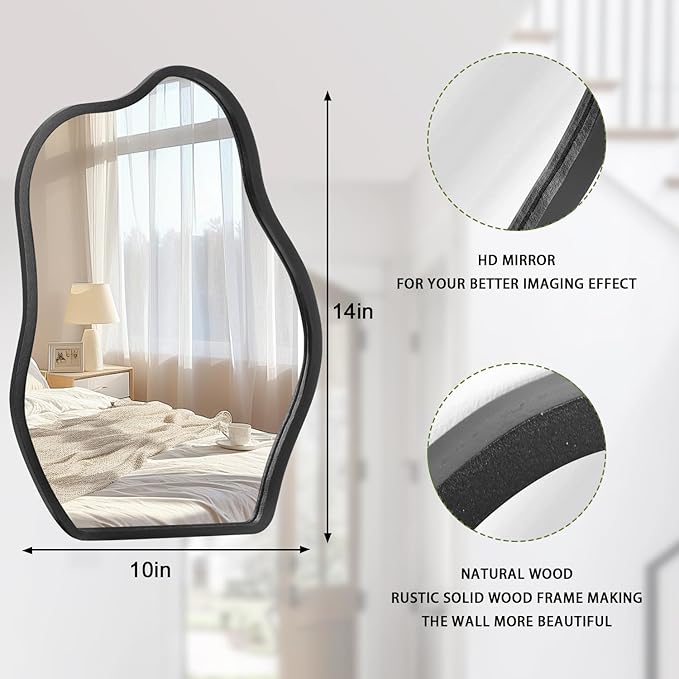 Asymmetrical Wood Frame Mirrors for Wall Oval Hanging Mirror Unique Irregular Modern Mirror for Entryway Hallway Living Room Bedroom Vanity Decorative Artistic Wall Mirror