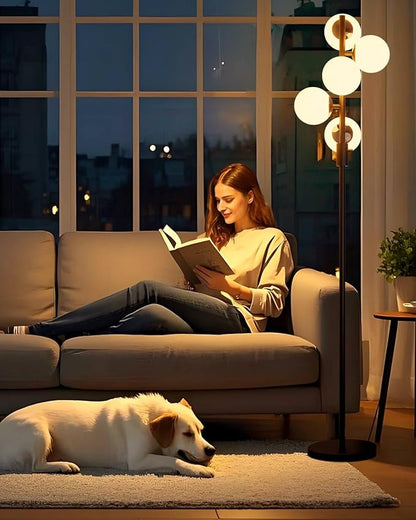 Lightdot 5-Globe Dimmable Globe Floor Lamp Black Retro Standing Lamps with 3000K Bulbs Brightness Adjustable Mid Century Modern Floor Lamp with 5Lbs Heavy Base for Living Room/Bedroom/Sofa Beside