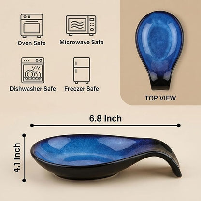 Nihow Ceramic Spoon Rest: 4 Inch Stable Utensil Rest - Heat Resistant Spoon Holder for Kitchen counter/Countertop/Stove Top - Dishwasher Safe - Elegant Blue (1 PC)