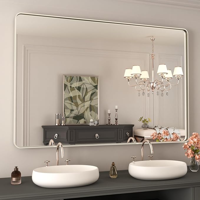 WEER 48X32 Inch Brushed Nickel Bathroom Mirror, Brushed Silver Metal Frame Mirror, Rounded Rectangle Silver Bathroom Vanity Mirror, Tempered Glass, Anti-Rust, Hangs Horizontally or Vertically