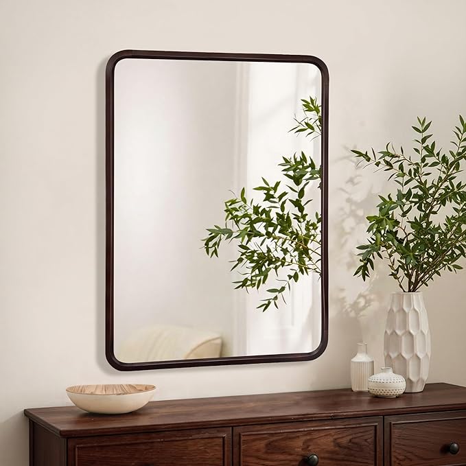 Bathroom Mirror for Wall,Wood Rectangle 30 x 40 inch Hanging Vatiny Tempered Dark Walnut Mirrors with Rounded Corner for Living Room,Bedroom,Entryway