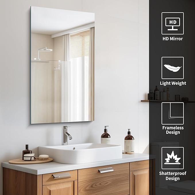 CILIBER Frameless Mirror, 20x36 Mirrors for Wall, Rectangle Bathroom Mirror for Over Sink, Frameless Vanity Mirror with Polished Edge, 3mm Tempered Glass, Hangs Horizontally or Vertically