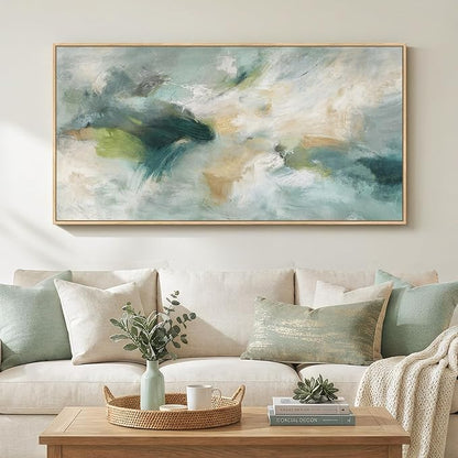 Large Framed Sage Green Abstract Wall Art for Living Room, Modern Teal Horizontal Canvas Prints Paintings Artwork for Walls, Contemporary Pictures Wall Decor for Bedroom Dining Room Office, 30x60 In