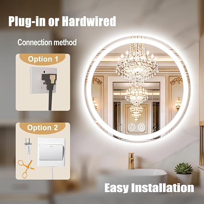 LTFUUAI 28" Round LED Bathroom Mirror with Lights, Smart Touch 3-Color Dimming Lighted Vanity Mirror Wall Mounted, Anti-Fog Shatterproof with Front & Back Light, for Bathroom Vanity (28" L x 28" W)