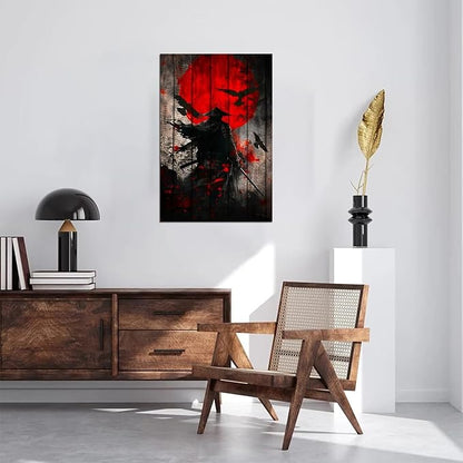 Japanese Samurai Retro Black and Red Atmosphere Asian Samurai Armor Red Moon Poster Canvas Wall Art Prints Bushido Poster Modern Home Decor Framed for Bedroom Living Room Office (24''W x 36''H)