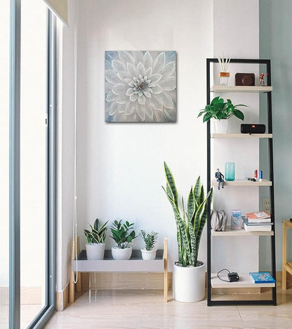 Waowumar Flowers Canvas Wall Art Blue and Gray Dahlia Pictures Contemporary Floral Textured Painting for Bedroom Living Room Decor