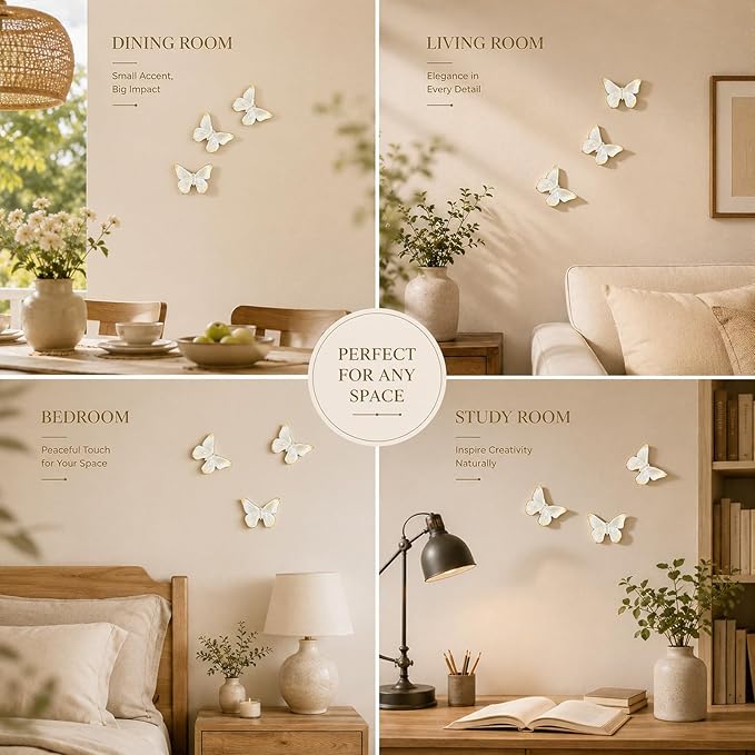GUSFREUD 3D Butterfly Wall Decor Set – Resin Wall Decorations for Living Room, Bedroom, Garden, Yard, Outdoor and Gallery Walls - Ivory Gold - Set of 3