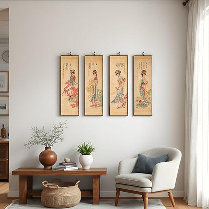 Large Japanese Geisha Woman Wall Art Framed Painting Decor, Four Panel Figure Artwork Old Japan Scroll For Home Sushi Restaurant Walls Hanging