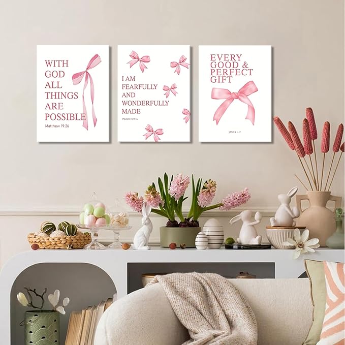 Coquette Pink Bow Canvas Wall Art Set of 3, Inspirational Bible Verses Decor Posters Pictures Prints Aesthetic for Girls Room College Apartment Living Room Bedroom Framed 12x16 Inch