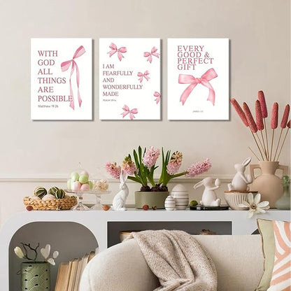 Coquette Pink Bow Canvas Wall Art Set of 3 Inspirational Bible Verses Decor Posters Pictures Prints Aesthetic for Girls Room College Apartment Living Room Bedroom Framed 16x24 Inch