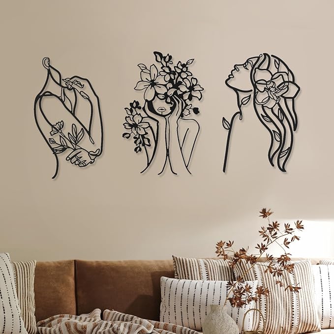 Photect 3 Pcs Metal Wall Art Decor Minimalist Abstract Woman Wall Art Metal Modern Line Drawing Decor Female Single Line Home Hanging for Bedroom Bathroom Living Room Housewarming(Stylish,Black)