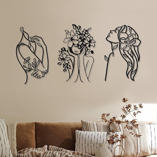 Photect 3 Pcs Metal Wall Art Decor Minimalist Abstract Woman Wall Art Metal Modern Line Drawing Decor Female Single Line Home Hanging for Bedroom Bathroom Living Room Housewarming(Stylish,Black)