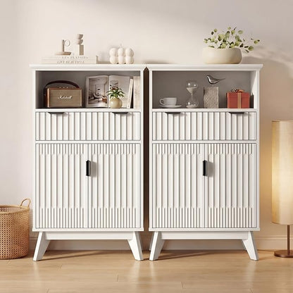 Fatmok Buffet Cabinet with Storage, 40" Modern Fluted Coffee Bar Cabinet with Drawer & Open Shelf, Wood Buffet Sideboard Console Table for Entryway, Kitchen, Living Room (White)