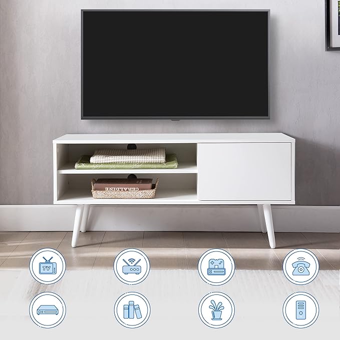 Cozy Castle TV Stand for 48-55 Inch TV, Mid Century Modern Entertainment Center with Storage Cabinet, TV Media Console with Charging Station for Living Room (White, 43.3" W x 15.7" D x 19.5" H)