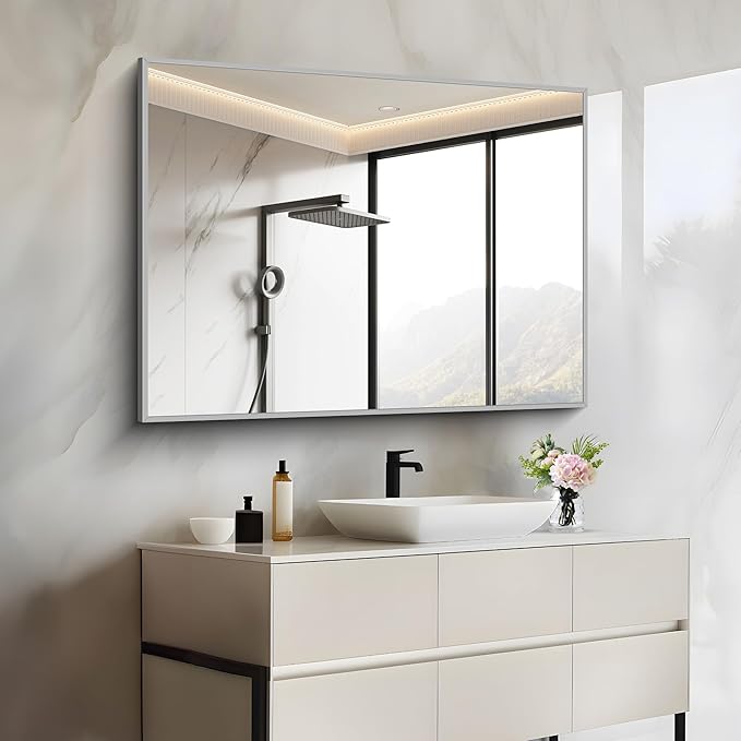 COFENY 30x40In Silver Bathroom Mirror for Wall, Brushed Nickel Rectangle Mirrors with Metal Frame, Bathroom Rectangular Mirror Modern Wall Mirror for Bedroom Living Room, Hangs Horizontal or Vertical