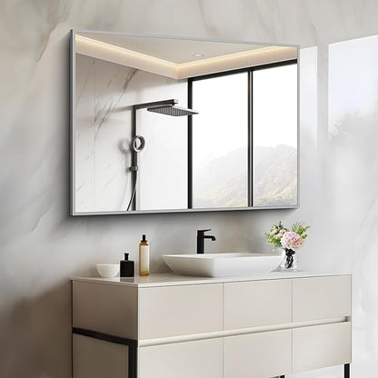 COFENY 30x40In Silver Bathroom Mirror for Wall, Brushed Nickel Rectangle Mirrors with Metal Frame, Bathroom Rectangular Mirror Modern Wall Mirror for Bedroom Living Room, Hangs Horizontal or Vertical