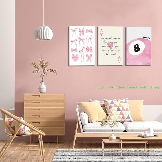 Trendy Pink Bows Canvas Wall Art Set of 3, Vintage Preppy Lucky 8 Ball Wall Decor, Pink Girly Room Aesthetic Posters Prints Painting for College Apartment Living Room Bedroom Framed 12x16 In