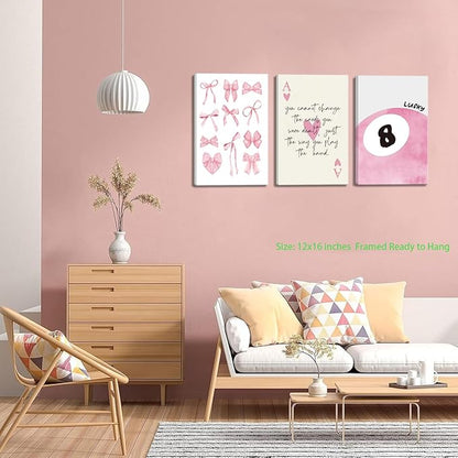 Trendy Pink Bows Canvas Wall Art Set of 3, Vintage Preppy Lucky 8 Ball Wall Decor, Pink Girly Room Aesthetic Posters Prints Painting for College Apartment Living Room Bedroom Framed 12x16 In