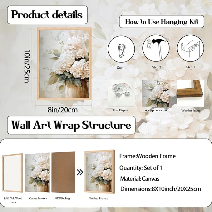 Framed Hydrangea Wall Art, White Floral Botanical Wall Decor Pictures, Vintage Flower Canvas Prints Paintings Farmhouse Aesthetic Home Decor for Living Room Bedroom Bathroom Kitchen 8x10 inch