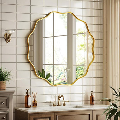 Round Wavy Mirror 36 Inch Bathroom Vanity Mirror Metal Frame Circle Wall Mounted Mirror for Bedroom Living Room Entryway Gold