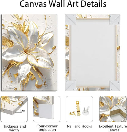 WENGTIAO 3Pcs Elegant White Lily Flowers Canvas Wall Art Boho White Floral Gold Edges Prints Pictures Paintings Beige Blossom Artwork for Living Room Bedroom Office Bathroom 16”x24 x3