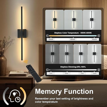 KARTOOSH 28.3 Inch Battery Operated Wireless Wall Sconce, 360° Rotatable Detachable Modern Wall Lamp with Remote Control Stepless Dimmable 3000K-6000K LED Light for Bedroom, Living Room Gallery Black