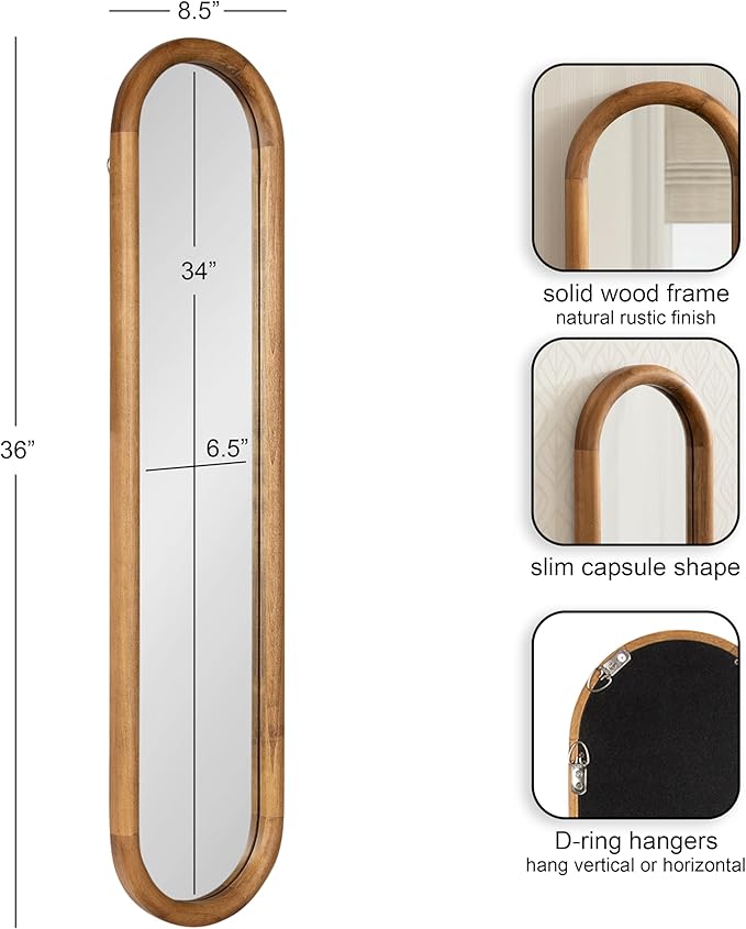 Kate and Laurel Talma Modern Slim Panel Wall Mirror, 9 x 36, Natural Wood, Transitional Narrow Mirror for Use as Versatile Entryway or Bedroom Wall Decor