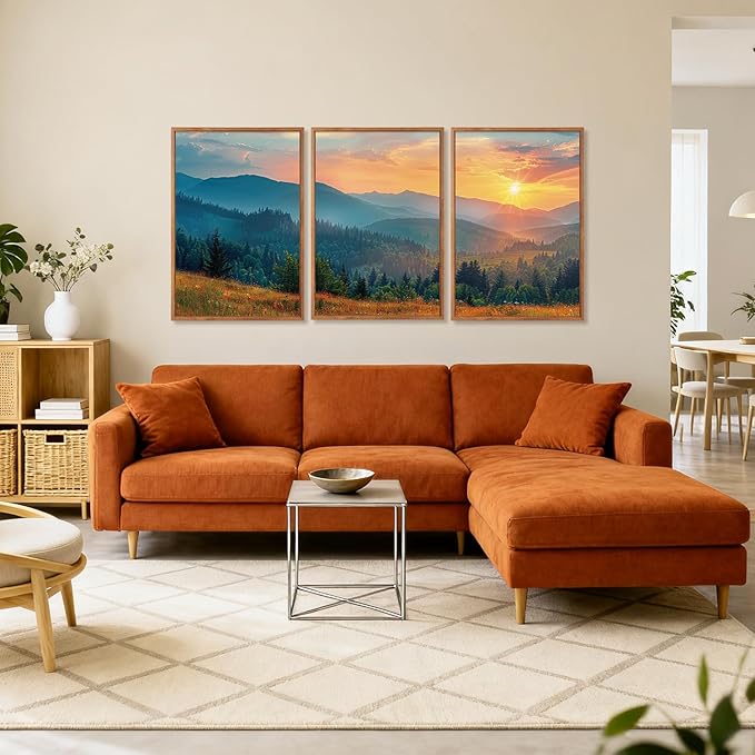 Aurlan Boho Mountain Sunset Landscape Framed Wall Art(24"x36"), 3PCS Green Blue Ridge Grand Teton National Park Canvas Artwork, Abstract Modern Watercolor Nature Forest Scenery Decor for Home Office Bedroom
