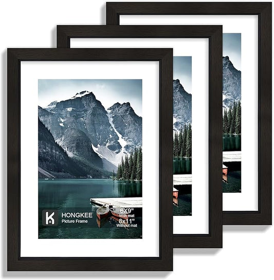 Hongkee 8x11 Picture Frame with Real Glass - Display Pictures 6x9 with Mat or 8 x 11 without Mat, Photo Frame for Wall or Table Top Display(Black, 3 Pack)