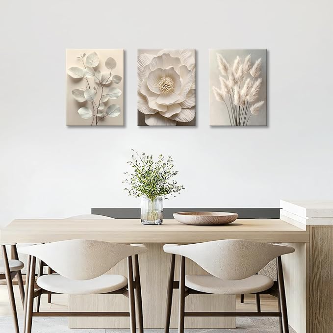 3Pcs Beige Floral Botanical Frame Canvas Wall Art, Neutral Textured Flower Plant Wall Painting Picture Wall Decor Vintage Blossom Posters Prints for Bedroom Living Room Reay to Hang 12"x16"x3Pcs