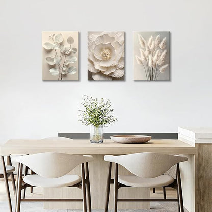 3Pcs Beige Floral Botanical Frame Canvas Wall Art, Neutral Textured Flower Plant Wall Painting Picture Wall Decor Vintage Blossom Posters Prints for Bedroom Living Room Reay to Hang 12"x16"x3Pcs