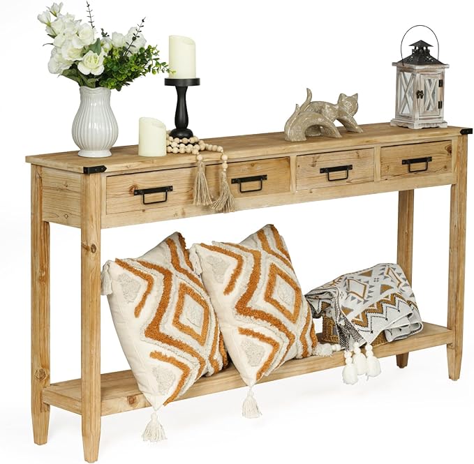 RUSTOWN Farmhouse Console Table with 4 Drawer, 60" Long Rustic Entryway Table with Open Storage Shelves and Handmade Metal Handle, Narrow Foyer Sofa Table for Living Room, Entryway, Hallway(Natural)