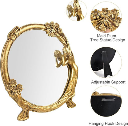 Vintage Gold Mirror Wall Decor - Small Vanity Mirrors, Antique Decorative for Desk Room, Frame Arched Victorian Decoration for Home Table, Standing Framed Art Gift for Furniture Living Bedroom, Oval