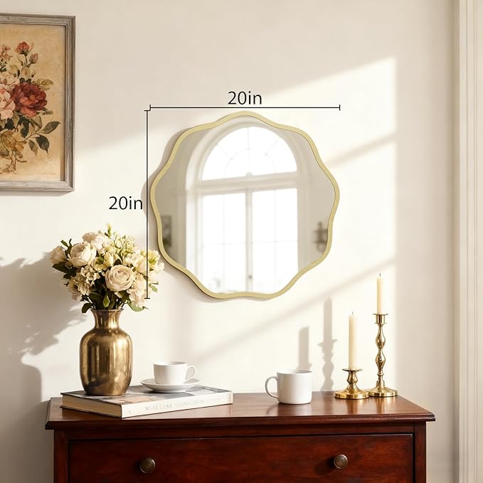 HOMECOOKIN 20" Wavy Round Wall Mirror, Gold Scalloped Circle Mirror Edge Round with Metal Frame, Modern Decorative Hanging/Leaning Mirrors for Bathroom, Hotels, Hallway, Entryway, Vanity, Office