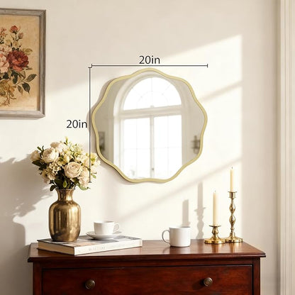 HOMECOOKIN 20" Wavy Round Wall Mirror, Gold Scalloped Circle Mirror Edge Round with Metal Frame, Modern Decorative Hanging/Leaning Mirrors for Bathroom, Hotels, Hallway, Entryway, Vanity, Office