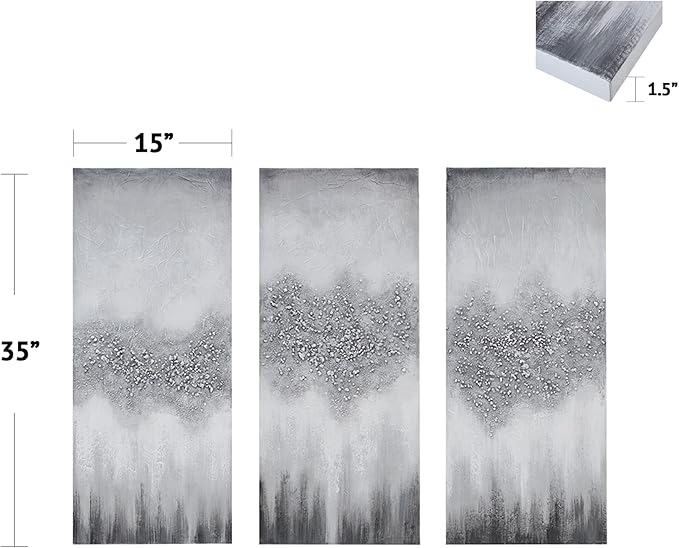 Madison Park Wall Art Living Room Décor - Embellished Hand Painted Canvas, Home Accent Glitter Abstract Bathroom Decoration Ready to Hang Painting for Bedroom, 15"W x 35"H x 1.5"D, Grey 3 Piece