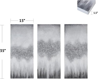 Madison Park Wall Art Living Room Décor - Embellished Hand Painted Canvas, Home Accent Glitter Abstract Bathroom Decoration Ready to Hang Painting for Bedroom, 15"W x 35"H x 1.5"D, Grey 3 Piece
