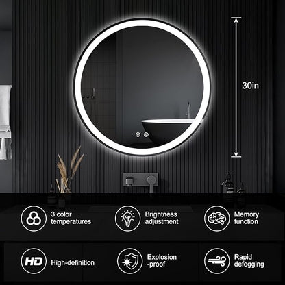 NEWBULIG 30 Inch Round LED Bathroom Wall Mirror with Lights, Light up Vanity Bathroom Mirror for Over Sink, Anti-Fog and Dimmable, Front Light and Backlit, Memory Function, Shatter-Proof, White