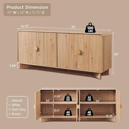 IFGET 70" Modern TV Stand for TVs Up to 80 inches, 30" Tall Entertainment Center with Storage and Adjustable Shelves, TV Console with Curved Profile Design, Media Console for Living Room, Natural Oak