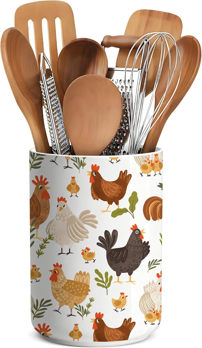 Charming Rooster Ceramic Utensil Holder for Kitchen Counter - Vintage Farmhouse Decor, Rustic Chicken Kitchen Utensil Holder, Rooster decor,Ceramic Vase 6.3"+4.7"(Chicken and Flowers
