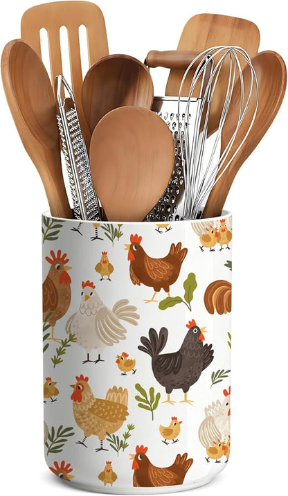 Charming Rooster Ceramic Utensil Holder for Kitchen Counter - Vintage Farmhouse Decor, Rustic Chicken Kitchen Utensil Holder, Rooster decor,Ceramic Vase 6.3"+4.7"(Chicken and Flowers