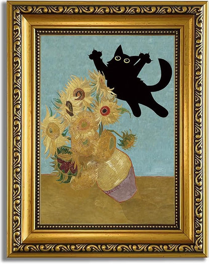YD&YZY Gold Framed Funny Cat Wall Art Canvas Vintage Black Cat Wall Decor Van Gogh Sunflower Cute Animal Room Print Painting Picture Poster For Home Bedroom Dorm 8x10 inch Small Framed