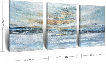 Abstract Canvas Wall Art for Bedroom 3 Piece Ocean Painting Coastal Theme Artwork Blue and Yellow Sunset & Sunrise on the Beach Seascape Picture for Bathroom Living Room Light 12x16inchx3 panel