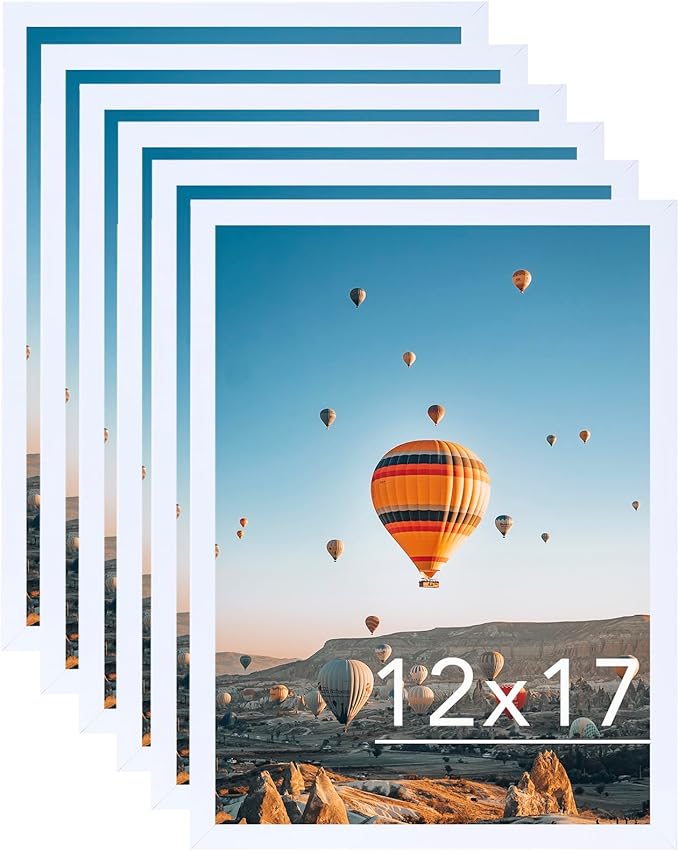 JCJMY 12x17 White Picture Frame Set of 6, Horizontal and Vertical Formats for Wall Hanging, 12 x 17 Wall Gallery Poster Photo Frames with Durable Shatter Resistant Plexiglass, 6 Pack, White